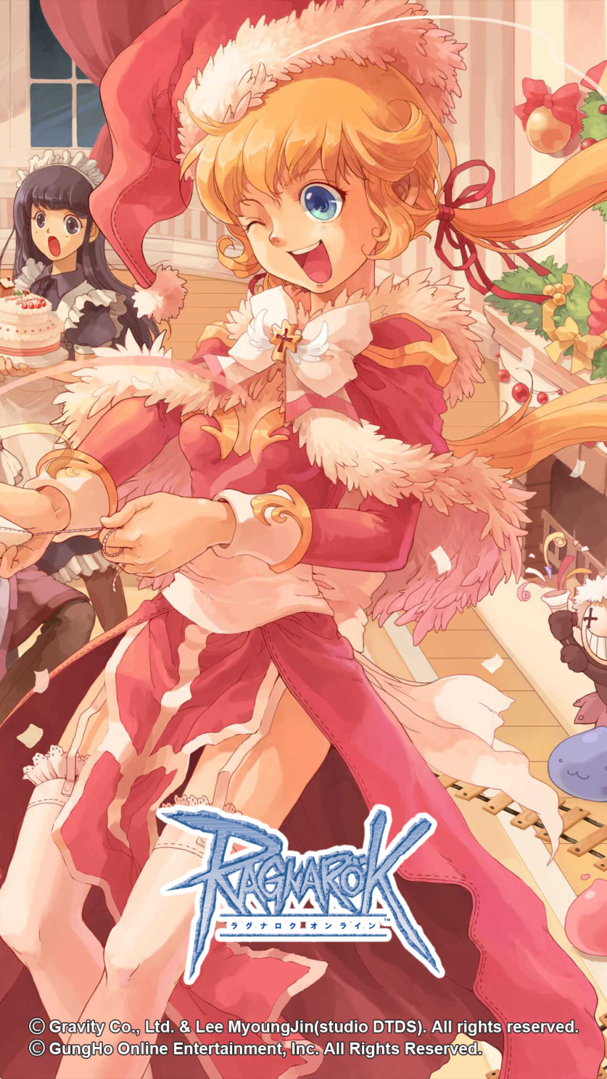 :o black_eyes black_hair blonde_hair blue_eyes bow breasts cake copyright_notice dress fireplace food garter_straps goblin_(ragnarok_online) hair_ribbon hat high_priest_(ragnarok_online) highres indoors jasmine_(ragnarok_online) juliet_sleeves kafra_uniform logo long_sleeves maid maid_headdress marin_(ragnarok_online) masked official_art official_wallpaper open_mouth party_popper pink_dress pom_pom_(clothes) poring puffy_sleeves ragnarok_online red_hat red_ribbon ribbon riqurr santa_hat sash small_breasts thighhighs white_sash white_thighhighs window wreath yellow_bow