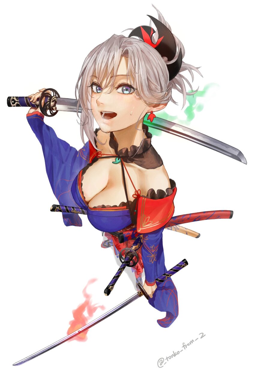 american_flag american_flag_bikini american_flag_print asymmetrical_hair bikini bun_cover fate/grand_order fate_(series) fire flag_print flag_print_bikini flaming_sword flaming_weapon gunblade hair_bun highres japanese_clothes kimono leaf_print magatama maple_leaf_print miyamoto_musashi_(fate) print_bikini print_swimsuit shimousa_(fate/grand_order) short_kimono single_side_bun single_sidelock sleeveless sleeveless_kimono swept_bangs swimsuit sword tonko_from toy_sword weapon