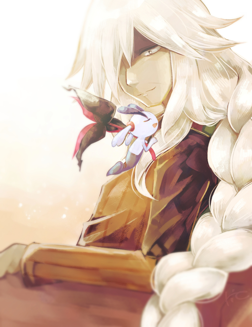 1boy az_(pokemon) braid brown_jacket closed_mouth commentary_request floette gen_6_pokemon hair_over_one_eye highres jacket long_braid long_hair long_sleeves looking_at_another male_focus nintendo old old_man pokemon pokemon_legends:_z-a ric simple_background single_braid white_background white_hair