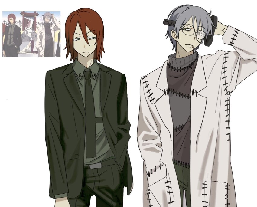 2boys black_necktie black_suit cigarette closed_mouth collared_shirt cowboy_shot derivative_work formal_clothes franken_stein_(soul_eater) glasses grey_hair hair_between_eyes hand_in_pocket highres lab_coat multiple_boys necktie red_hair screenshot_redraw shirt short_hair soul_eater spirit_albarn suit turtleneck ux_xu_o03 white_background