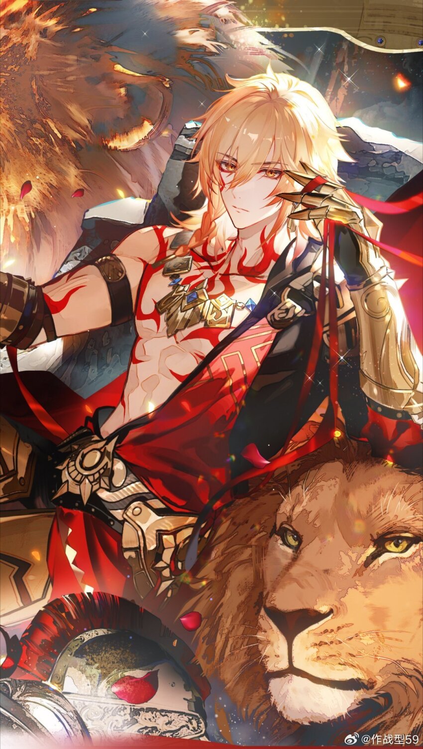 1boy arm_support armlet armor bare_pectorals black_coat blonde_hair braid chest_tattoo chinese_commentary clawed_gauntlets coat commentary_request cup earrings facial_tattoo gold_armlet gold_earrings gold_necklace gradient_hair hair_between_eyes highres holding holding_cup honkai:_star_rail honkai_(series) jewelry male_focus medium_hair multicolored_hair mydei_(honkai:_star_rail) necklace open_clothes open_coat pauldrons pectorals pouring red_hair red_tattoo shoulder_armor side_braid single_pauldron solo tattoo toned toned_male watermark weibo_watermark yellow_eyes zuozhan_xing59