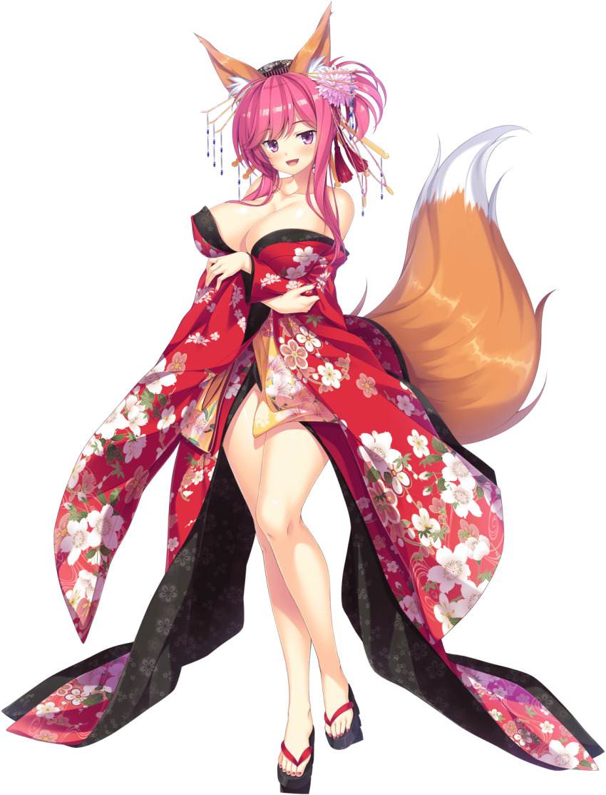 1girl :d animal_ear_fluff animal_ears blush breasts cleavage floral_print floral_print_kimono flower folded_ponytail fox_ears fox_girl fox_tail game_cg hair_flower hair_ornament highres hinata_nao japanese_clothes kimono large_breasts large_tail long_hair looking_at_viewer low_neckline makibashira_yuuna nail_polish non-web_source official_art open_mouth pink_hair print_kimono purple_eyes red_kimono red_nails sandals sex_open_world_e_youkoso! sidelocks smile solo tail