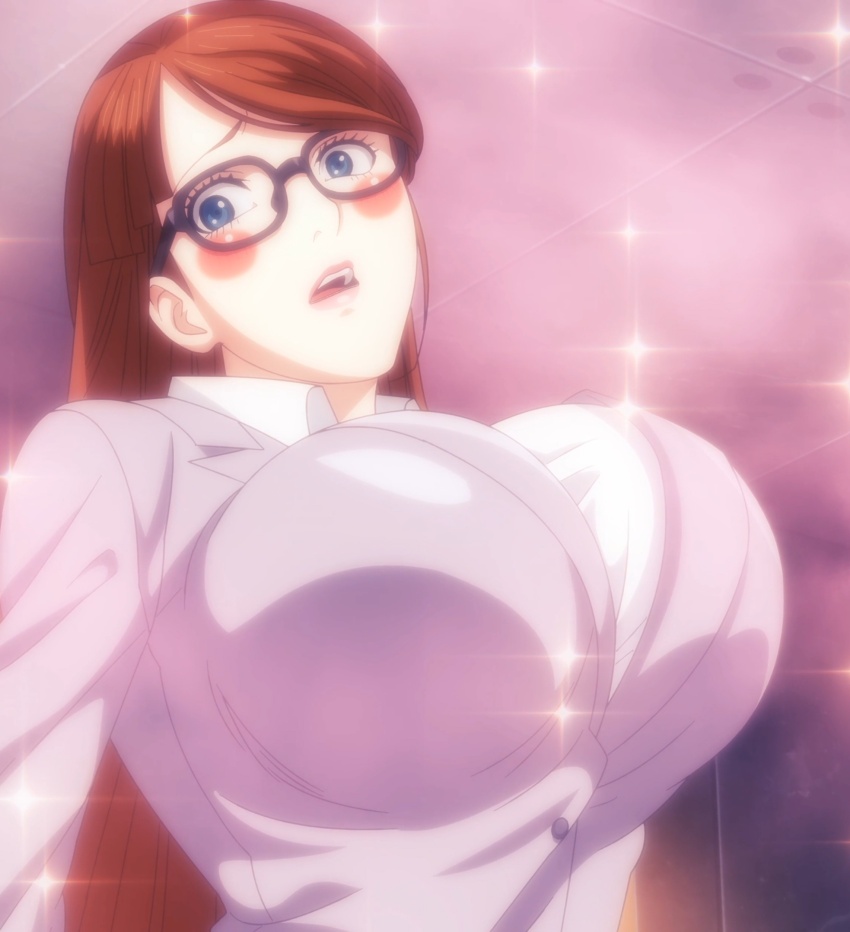1girl absurdres anime_screenshot black-framed_eyewear blazer blue_eyes blush blush_stickers bouncing_breasts breasts brown_hair business_suit collared_shirt female_focus formal_clothes glasses highres jacket large_breasts lips long_hair long_sleeves looking_at_viewer open_mouth shirt solo sparkle stitched suit teeth third-party_edit toujima_tanzaburou_wa_kamen_rider_ni_naritai upper_body very_long_hair yuriko_okada