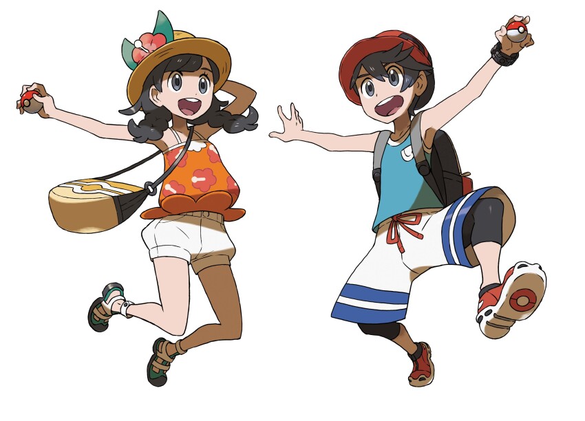 1boy 1girl absurdres bag black_bag black_hair black_leggings braid elio_(pokemon) grey_eyes hat highres holding holding_poke_ball leggings long_hair nintendo official_art oomura_yuusuke poke_ball poke_ball_(basic) pokemon pokemon_usum selene_(pokemon) shirt shoes short_hair shorts shoulder_bag simple_background sleeveless sleeveless_shirt sneakers spaghetti_strap sun_hat tank_top third-party_source twin_braids white_background white_shorts yellow_bag