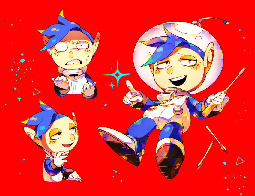 1boy angry asymmetrical_bangs bags_under_eyes blue_hair blue_sleeves buttons clenched_teeth cropped_legs freckles full_body furrowed_brow gauge gloves grey_eyes half-closed_eyes hand_on_own_chin helmet holding holding_screwdriver light_blush looking_at_viewer male_focus multiple_views nintendo open_mouth petals pikmin_(series) pointing radio_antenna red_background screwdriver shirushiki shoes short_hair simple_background smile space_helmet spacesuit sparkle swept_bangs teeth triangle upper_teeth_only whistle white_footwear white_gloves wide-eyed yorke_(pikmin)
