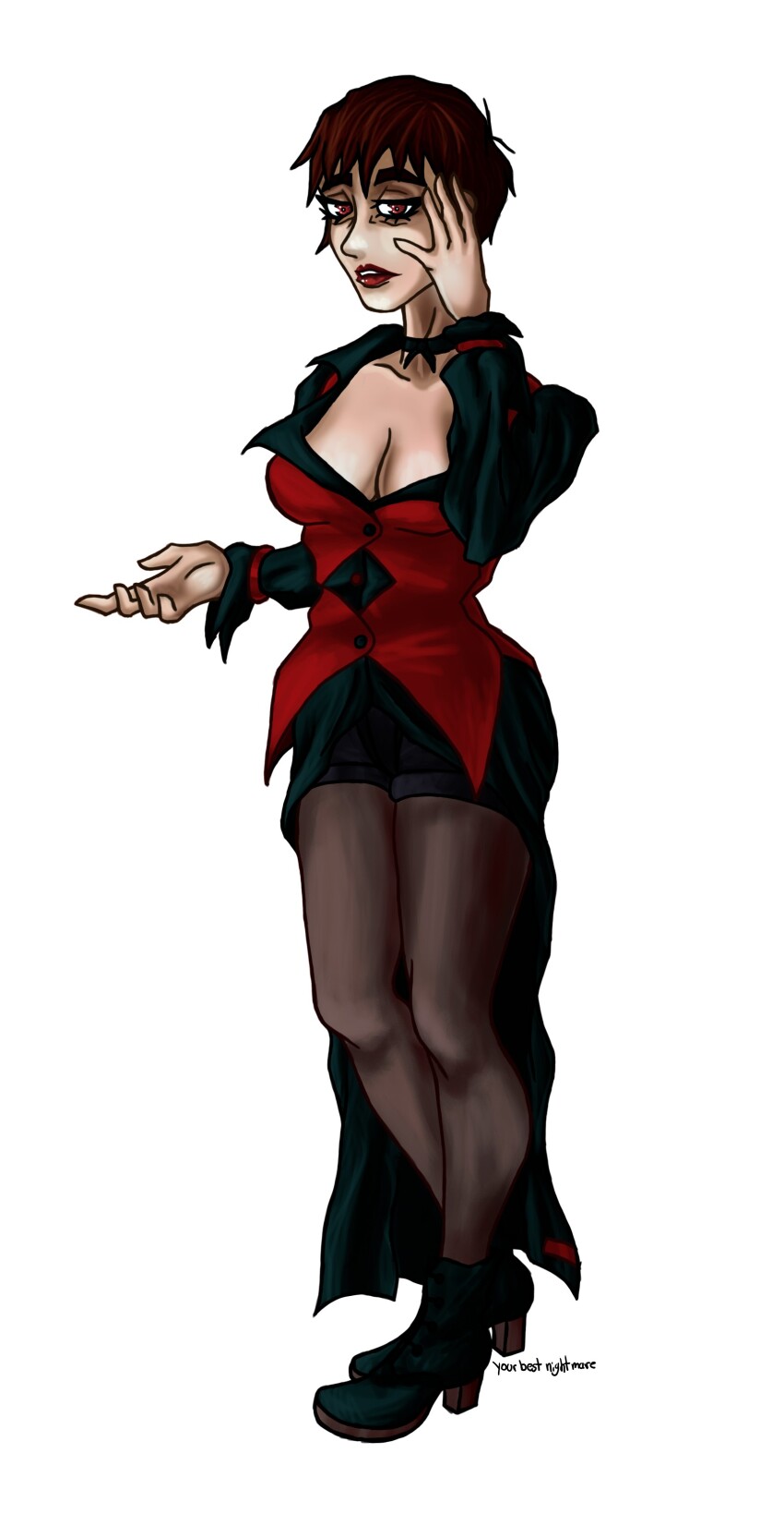 1girl absurdres breasts brown_hair dress female_focus hand_up highres huge_breasts large_breasts looking_at_viewer pantyhose pps0226 red_eyes see-through_clothes shoes short_hair shorts skirt socks standing tan the_king_of_fighters thick_thighs thighs vice_(kof) wide_hips