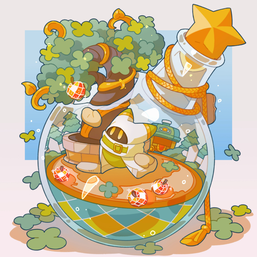 absurdres apple arm_up blue_sky bush cloak cloud crystal_apple day eyes_in_shadow fence flask food fruit gem_apple glef_life highres hood hood_up in_flask kirby_(series) magolor nintendo no_humans picket_fence pine_tree rope shop simple_background sky solid_oval_eyes solo sparkle star_(symbol) super_kirby_clash tassel tree white_background white_cloak wooden_fence yellow_eyes