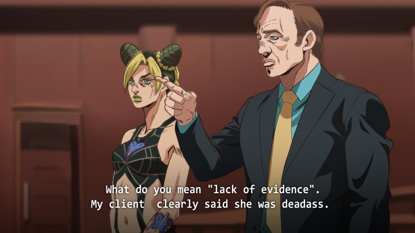 1boy 1girl anime_coloring araki_hirohiko_(style) better_call_saul black_suit blouse blue_eyes blue_shirt breaking_bad brown_hair double_bun english_text formal_clothes from_side grandguerrilla green_eyes green_hair green_lips hair_bun highres jojo_no_kimyou_na_bouken kuujou_jolyne meme midriff navel necktie pointing saul_goodman shirt short_hair stone_ocean subtitled suit tattoo upper_body yellow_necktie