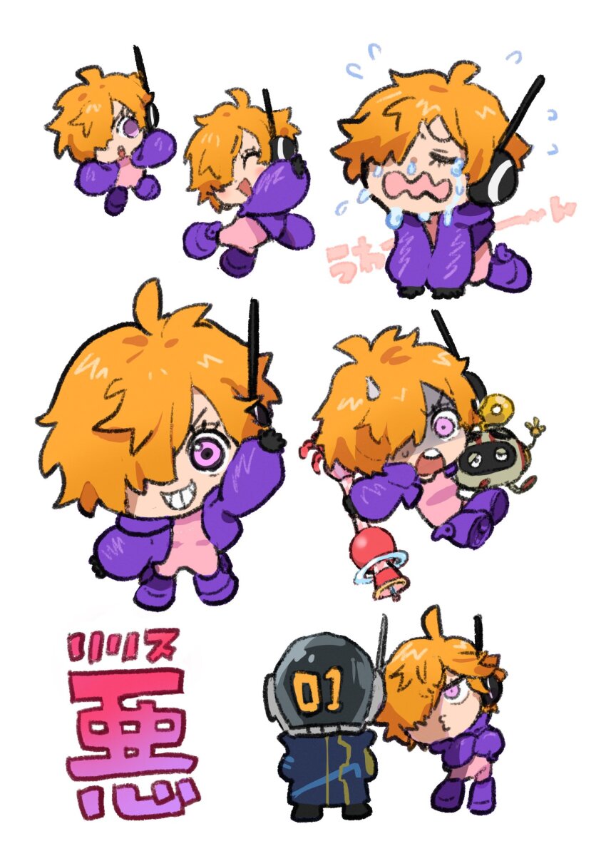 af60489 ahoge blush bodysuit chibi crying evil_smile fluffy_hair hair_over_one_eye highres jacket one_piece orange_hair pink_eyes purple_jacket pursed_lips radio_antenna robot smile vegapunk_edison vegapunk_lilith vegapunk_shaka waving