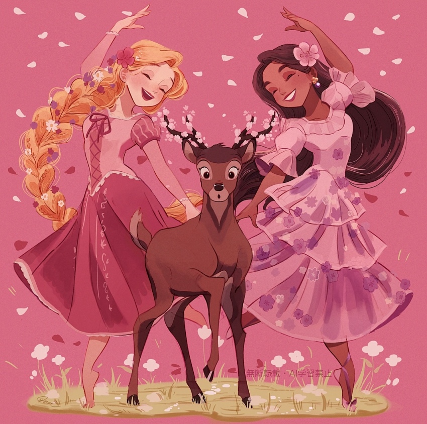1boy 2girls bambi_(deer) bambi_(movie) blonde_hair brown_hair colombian_clothes company_connection dark-skinned_female dark_skin deer_boy disney dress earrings encanto flower hair_flower hair_ornament isabela_madrigal jewelry long_hair melchencanto multiple_girls purple_dress purple_petals rapunzel_(disney) simple_background smile tangled very_dark_skin