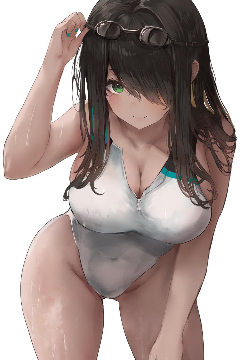 1girl adjusting_eyewear azur_lane bare_arms bare_shoulders black_hair blonde_hair blush breasts cleavage closed_mouth commentary competition_swimsuit covered_navel cowboy_shot english_commentary eyewear_on_head goggles goggles_on_head green_eyes groin hair_over_one_eye hand_on_eyewear hand_up highleg highleg_one-piece_swimsuit highres large_breasts leaning_forward liaowen long_hair looking_at_viewer multicolored_hair nail_polish northampton_(azur_lane) northampton_ii_(azur_lane) northampton_ii_(swimming_star)_(azur_lane) official_alternate_costume one-piece_swimsuit one_eye_covered sidelocks simple_background smile solo swimsuit thighs two-tone_hair wet white_background white_one-piece_swimsuit zipper