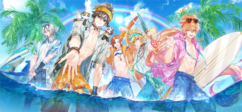 5boys ;d abs animal animal_on_shoulder antenna_hair aqua_male_swimwear aqua_swim_trunks arm_up bead_bracelet beads beckoning belt black_choker black_eyes black_hair blonde_hair blue_belt blue_headband blue_jacket blue_male_swimwear blue_swim_trunks bracelet caustics choker closed_mouth closed_umbrella clothes_around_waist cloud colored_tips cowboy_shot day dezhou_chicken_(the_tale_of_food) dr.k drawstring duck_innertube eyewear_on_head fuli_chicken_(the_tale_of_food) geely_shrimp_(the_tale_of_food) goggles goggles_around_neck goggles_on_head grey_eyes grey_hair grey_shirt hair_between_eyes headband heart heart-shaped_eyewear heart-shaped_pupils heart_antenna_hair highres holding holding_surfboard holding_swim_ring holding_water_gun hood hood_down hooded_jacket hooded_shirt innertube jacket jacket_around_waist jet_ski jewelry legskin long_hair low_ponytail male_focus male_swimwear mouth_hold multicolored_hair multiple_boys one_eye_closed open_clothes open_jacket open_mouth open_shirt orange_eyes orange_hair orange_headband orange_jacket orange_male_swimwear orange_swim_trunks palm_tree panda parasol parted_bangs partially_underwater_shot peking_duck_(the_tale_of_food) pendant pink_hair pink_jacket ponytail rainbow shirt sichuan_hotpot_(the_tale_of_food) sleeveless sleeveless_shirt smile squeezing standing sun sunglasses sunlight surfboard swim_ring swim_trunks swimsuit symbol-shaped_pupils teeth the_tale_of_food tree turtleneck umbrella upper_teeth_only wading water water_gun watercraft wet wet_clothes white_shirt