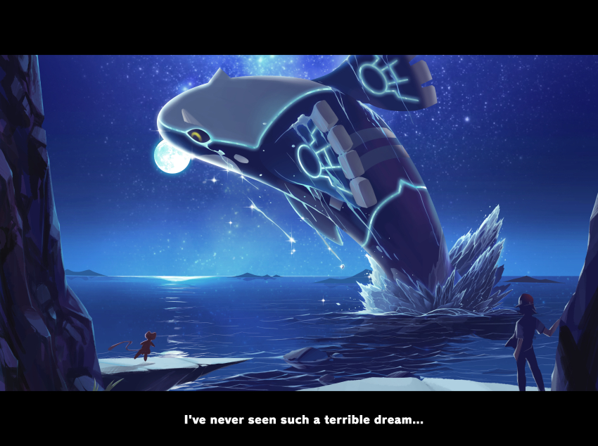 1boy absurdres ash_ketchum english_text full_moon gen_1_pokemon gen_3_pokemon hat highres kyogre legendary_pokemon letterboxed male_focus mew_(pokemon) moon mythical_pokemon night nintendo ocean outdoors pokemon pokemon_(anime) pokemon_(creature) poppinmonkey primal_kyogre red_hat sky sparkle star_(sky) starry_sky whale yellow_eyes