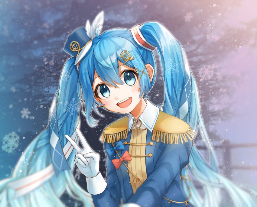 1girl :d ahoge amd_aoneko blue_bow blue_eyes blue_hair blue_hat blue_jacket bow double-parted_bangs epaulettes feathers fortissimo fringe_trim gloves hair_between_eyes hair_ornament hat hatsune_miku highres jacket long_hair long_sleeves looking_at_viewer mini_hat mini_shako_cap musical_note musical_note_hair_ornament open_mouth red_bow shako_cap smile snowflakes solo teeth twintails upper_teeth_only v very_long_hair vocaloid white_feathers white_gloves wing_collar x_hair_ornament yuki_miku yuki_miku_(2020)
