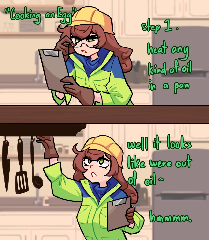 1girl blank_eyes breast_pocket brown_gloves brown_hair centurii-chan clipboard engineer_(centurii-chan) english_text glasses gloves green_eyes hard_hat helmet high-visibility_clothing high-visibility_jacket highres holding holding_clipboard kitchen knife ladle long_hair original pocket refrigerator sink solo spatula utensil