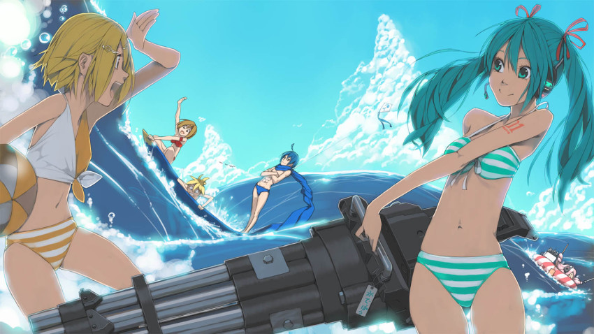 2boys 4girls :d abs akinbo_(hyouka_fuyou) aqua_eyes aqua_hair bad_id bad_pixiv_id ball beachball bikini blonde_hair blue_hair blue_male_swimwear blue_scarf brown_hair day hair_ornament hair_ribbon hatsune_miku headphones headset highres holding holding_oar innertube kagamine_len kagamine_rin kaito_(vocaloid) kite long_hair male_swimwear megurine_luka meiko_(vocaloid) microphone multiple_boys multiple_girls navel oar ocean open_mouth ribbon scarf short_hair smile striped_bikini striped_clothes surfboard swim_briefs swim_ring swimsuit takoluka twintails vocaloid water_gun