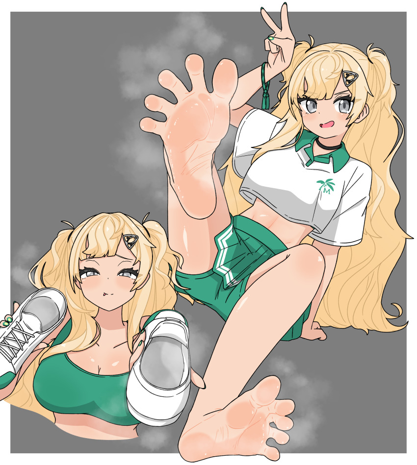 1girl :p absurdres barefoot blonde_hair blush breasts cleavage feet grey_eyes hair_ornament hairclip highres kantai_collection long_hair looking_at_viewer minneapolis_(kancolle) minneapolis_(tennis)_(kancolle) nairo open_mouth shoes smell soles sportswear steam tennis_uniform toes tongue tongue_out twintails unworn_shoes v