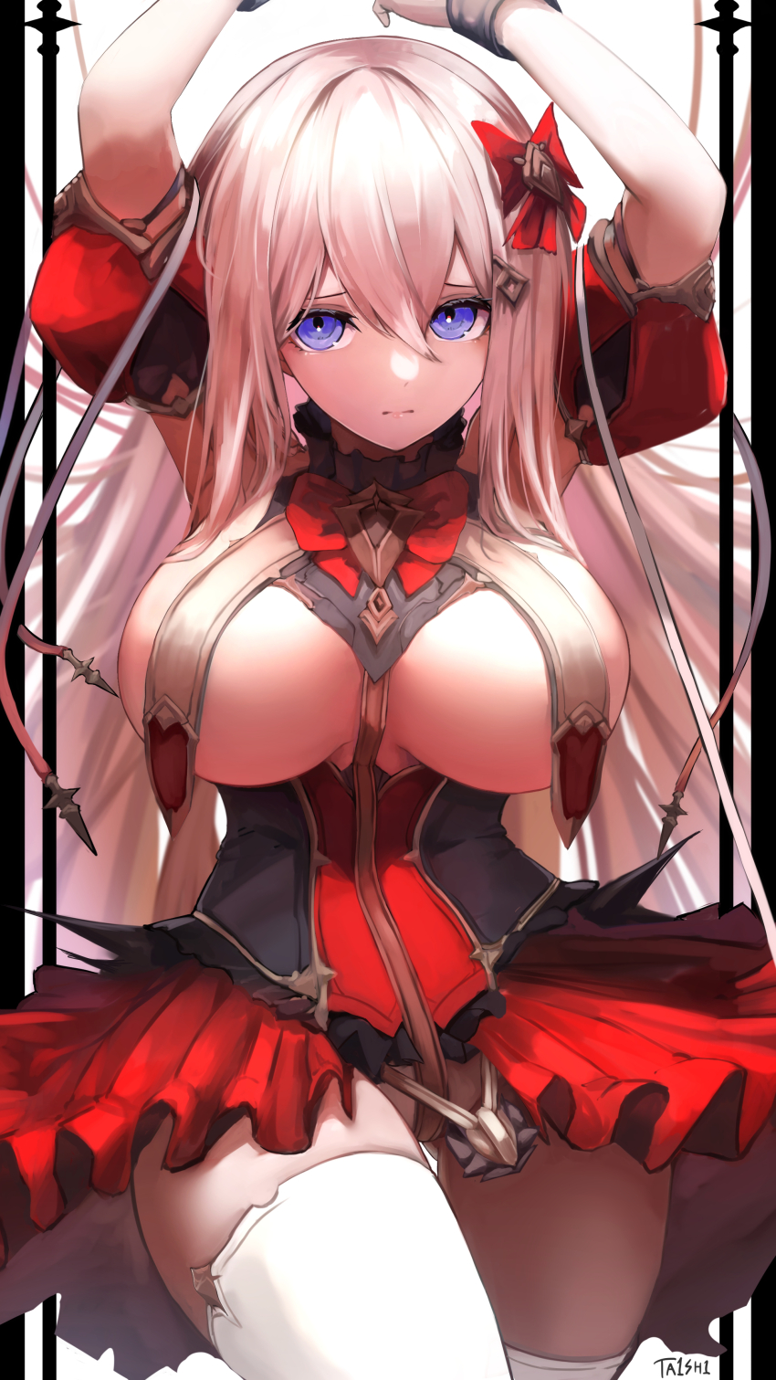 1girl absurdres arms_up azur_lane between_breasts blue_eyes bound bound_wrists breast_curtains breasts cuffs dress elbow_pads fortune_(azur_lane) fortune_(meta)_(azur_lane) frilled_skirt frills hair_between_eyes hair_ribbon highres large_breasts light_brown_hair long_hair red_dress restrained ribbon shackles skirt solo ta1sh1 thighhighs white_thighhighs