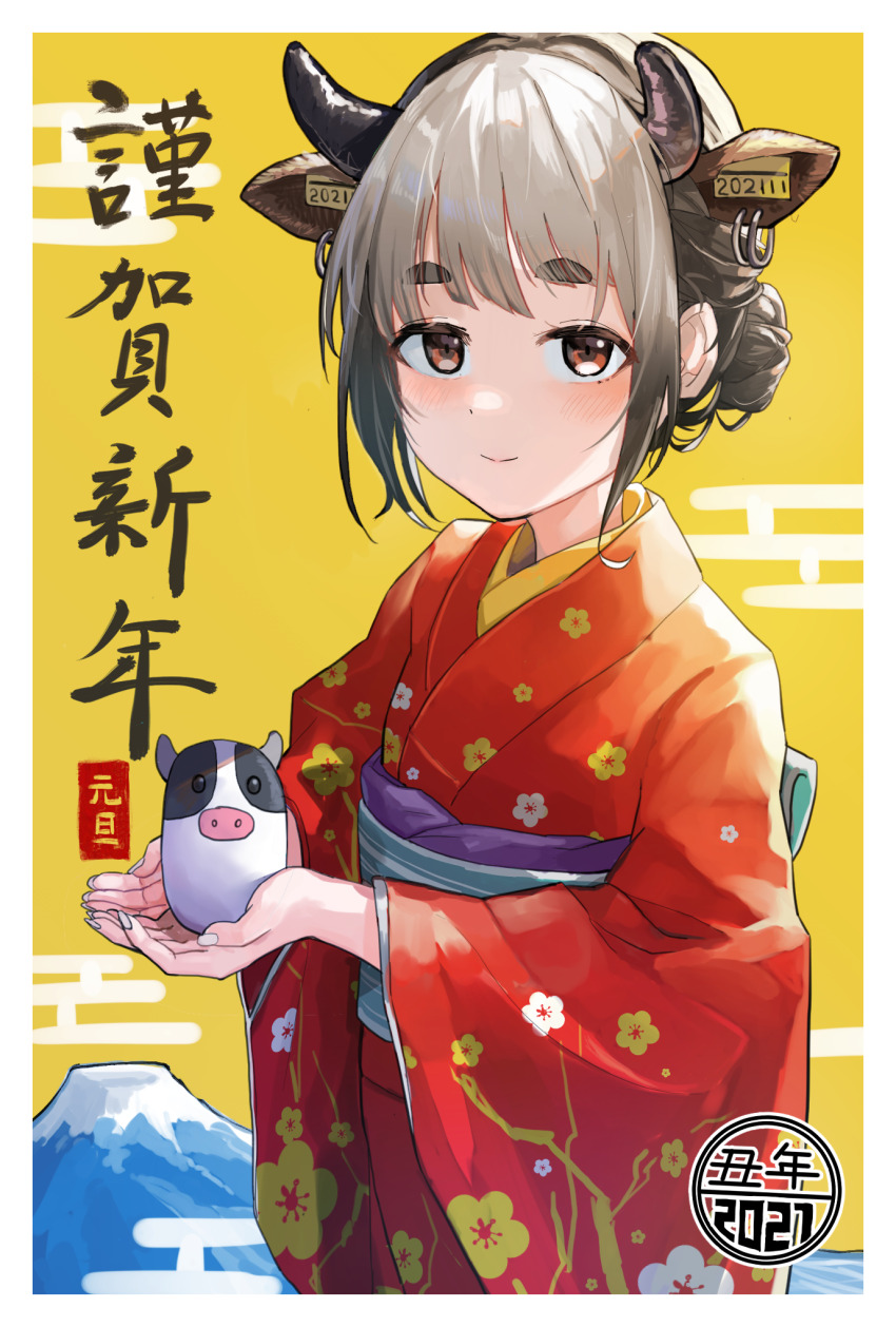 1girl 2021 animal_ear_piercing animal_ears blue_sash blush brown_eyes brown_hair chinese_zodiac cow cow_ears cow_horns cupping_hands ear_tag egasumi extra_ears fingernails floral_print floral_print_kimono highres horns japanese_clothes kimono long_fingernails long_sleeves looking_at_viewer mount_fuji new_year obi obiage original own_hands_together print_kimono purple_sash red_kimono sash short_eyebrows short_hair sidelocks smile solo thick_eyebrows umiwashi wide_sleeves year_of_the_ox yellow_background