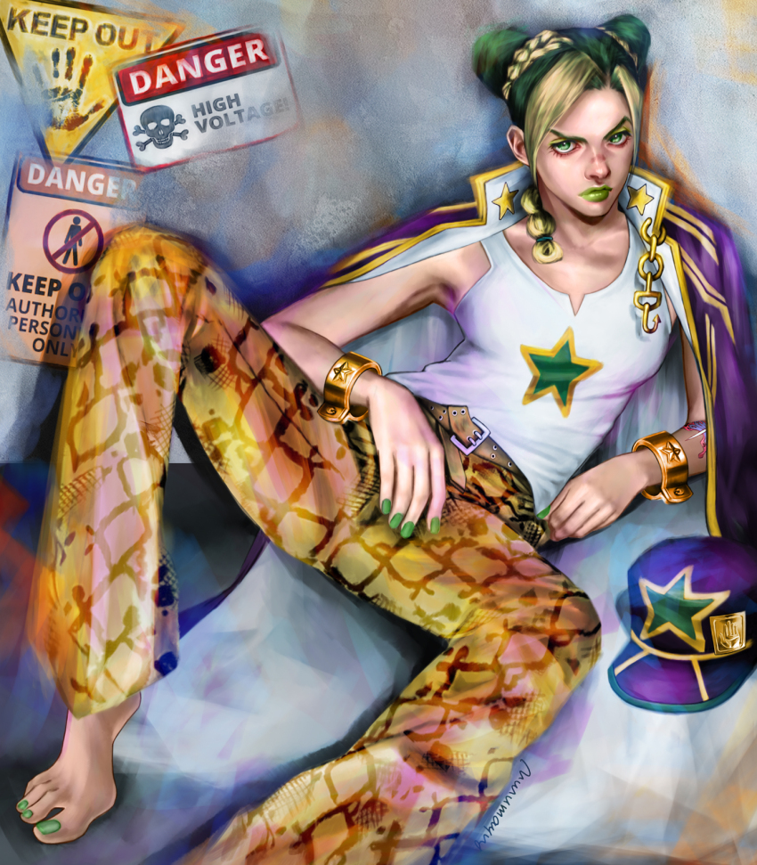 1girl braid braided_ponytail bun_with_braided_base caution_tape commentary cosplay double_bun green_eyes green_lips green_nails hair_bun hat high_voltage_symbol highres jojo_no_kimyou_na_bouken keep_out kujo_jotaro_(cosplay) kuujou_jolyne kuujou_joutarou multicolored_hair nurumayuart solo star_(symbol) stone_ocean toes two-tone_hair unworn_hat unworn_headwear