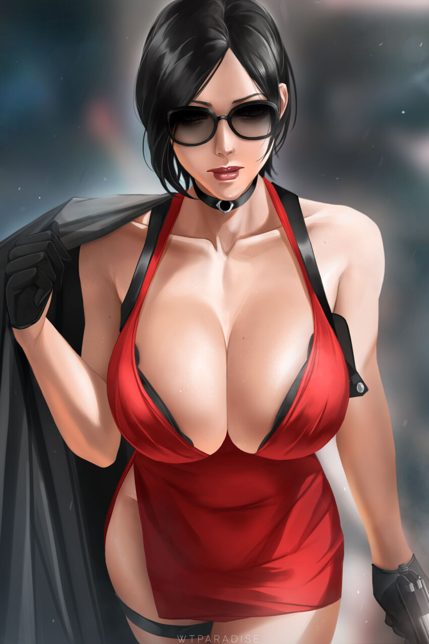 1girl absurdres ada_wong artist_name bare_shoulders black-framed_eyewear black_bra black_choker black_gloves black_hair blurry blurry_background bra breasts choker cleavage closed_mouth collarbone commentary commentary_request dress english_commentary female_focus from_above gloves gun half_gloves handgun highres holding holding_gun holding_jacket holding_unworn_clothes holding_weapon holster jacket large_breasts parted_bangs red_dress red_lips resident_evil short_dress short_hair shoulder_holster side_slit solo sunglasses thigh_strap underwear unworn_jacket weapon wtparadise