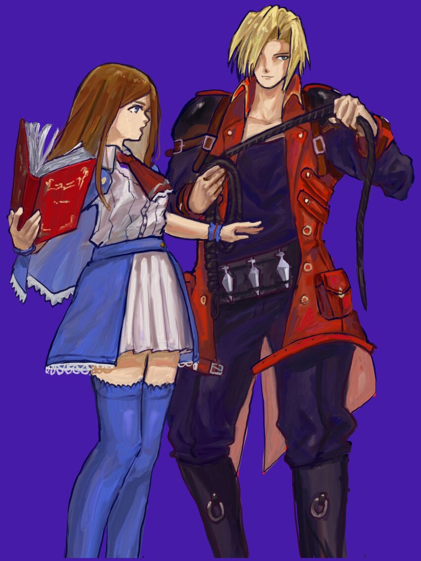 1boy 1girl ascot blonde_hair blue_background blue_capelet blue_thighhighs book brown_hair capelet castlevania:_portrait_of_ruin castlevania_(series) charlotte_aulin hair_over_one_eye highres holding holding_book holding_whip jonathan_morris knife long_hair pants red_ascot shirt simple_background skirt smile taraba_shaco thighhighs throwing_knife weapon whip white_shirt