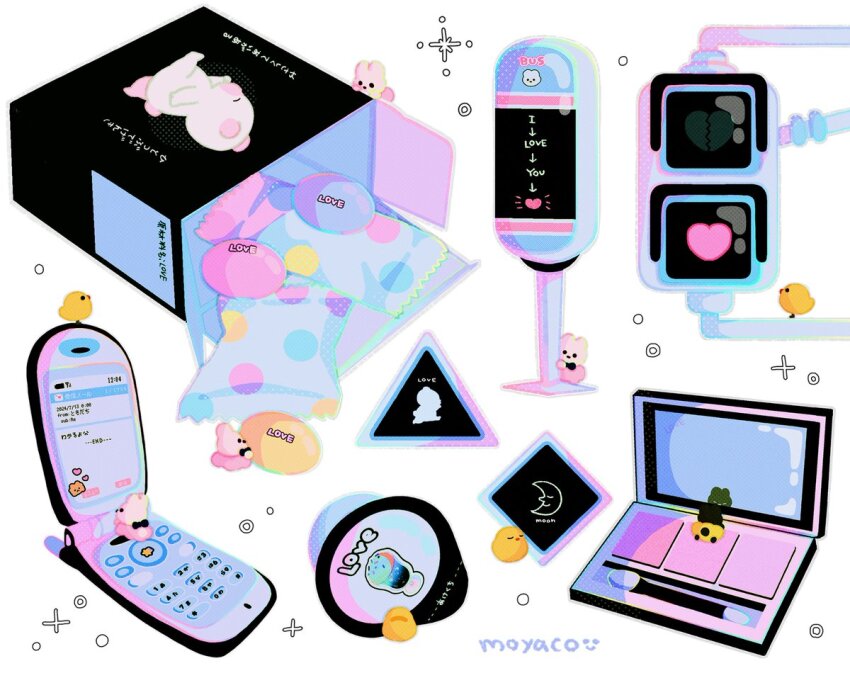 artist_name bird candy candy_wrapper cellphone commentary compact_(cosmetics) cosmetics creature crescent duck duckling english_commentary english_text flip_phone food heart makeup_palette moyaco no_humans original pastel_colors phone signature solid_circle_eyes solid_eyes sparkle traffic_light translation_request