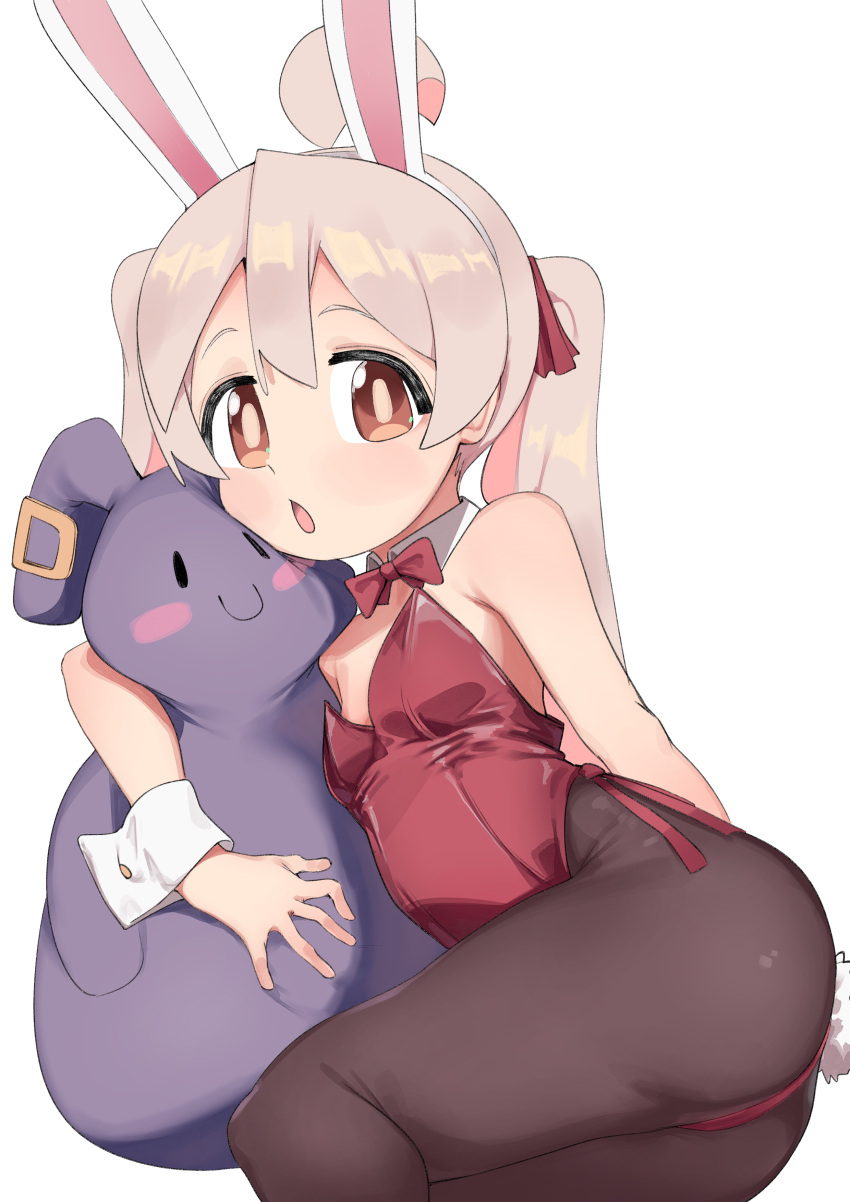 1girl absurdres animal_ears araimelon bare_shoulders bow bowtie breasts detached_collar doll fake_animal_ears fake_tail genderswap genderswap_(mtf) hair_ribbon highres hugging_doll hugging_object leotard long_hair looking_at_viewer onii-chan_wa_oshimai! open_mouth orange_eyes oyama_mahiro pantyhose pink_hair playboy_bunny rabbit_ears rabbit_tail ribbon simple_background small_breasts solo strapless strapless_leotard tail twintails white_background wrist_cuffs