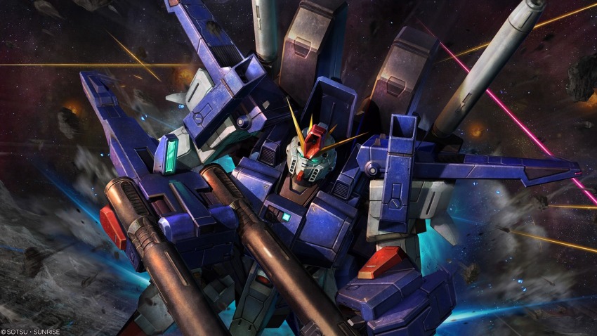 absurdres aeug artist_request battle beam_cannon beam_rifle blue_eyes company_name copyright_notice energy_beam energy_gun full_armor_zz_gundam glowing glowing_eyes gundam gundam_battle_operation_2 gundam_zz highres machinery mecha mecha_focus mobile_suit no_humans official_art realistic robot science_fiction solo space sunrise_(company) thrusters upper_body v-fin weapon