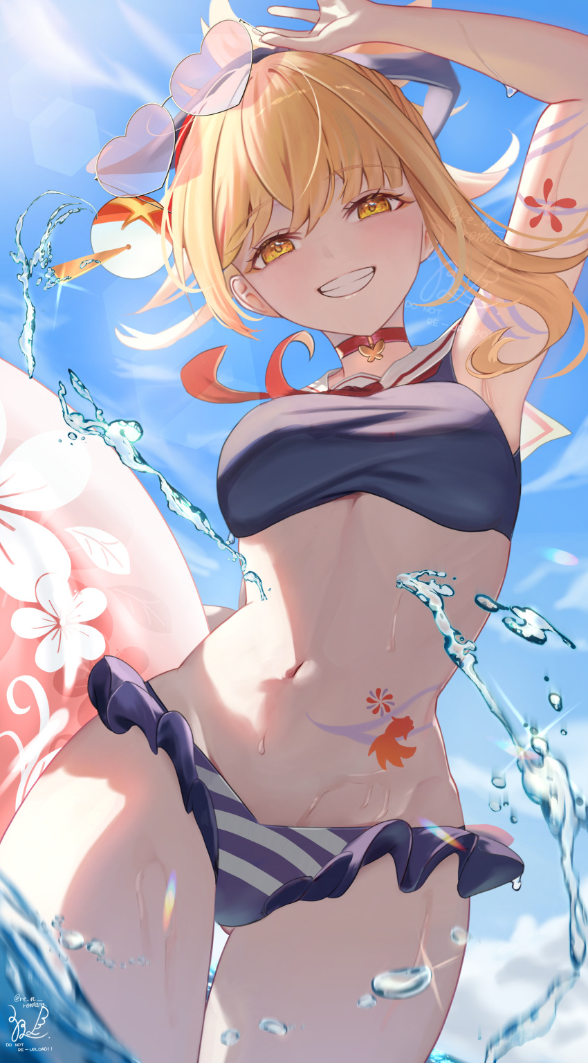 1girl absurdres alternate_costume arm_tattoo arm_up armpits artist_name asymmetrical_hair bikini blonde_hair breasts butterfly_ornament chest_tattoo choker cowboy_shot day earrings eyewear_on_head fish_tattoo genshin_impact glint gluteal_fold grin heart heart-shaped_eyewear highres holding holding_swim_ring innertube jewelry lens_flare long_hair looking_at_viewer medium_breasts navel neckerchief outdoors pink_innertube purple_bikini red_choker red_neckerchief sailor_collar sazanami_(re_n_rentaro) signature single_earring sky smile solo sparkle splashing standing stomach sunglasses sunlight swim_ring swimsuit tattoo thigh_gap twitter_username water watermark wet white_sailor_collar yellow_eyes yoimiya_(genshin_impact)