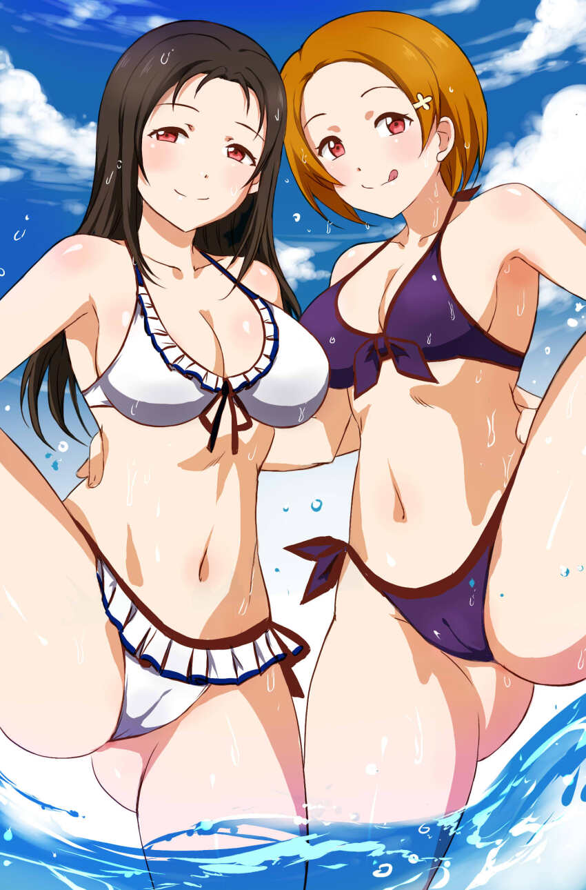 2girls absurdres bare_shoulders bikini box_wonderland breasts brown_hair cameltoe cleavage closed_mouth cloud clover_hair_ornament gluteal_fold hair_ornament highres large_breasts licking_lips long_hair looking_at_viewer love_live! love_live!_sunshine!! medium_breasts multiple_girls navel ocean one_leg_raised outdoors partially_submerged purple_bikini red_eyes short_hair siblings sisters sky smile swimsuit takami_mito takami_shima tongue tongue_out water wet wet_hair white_bikini
