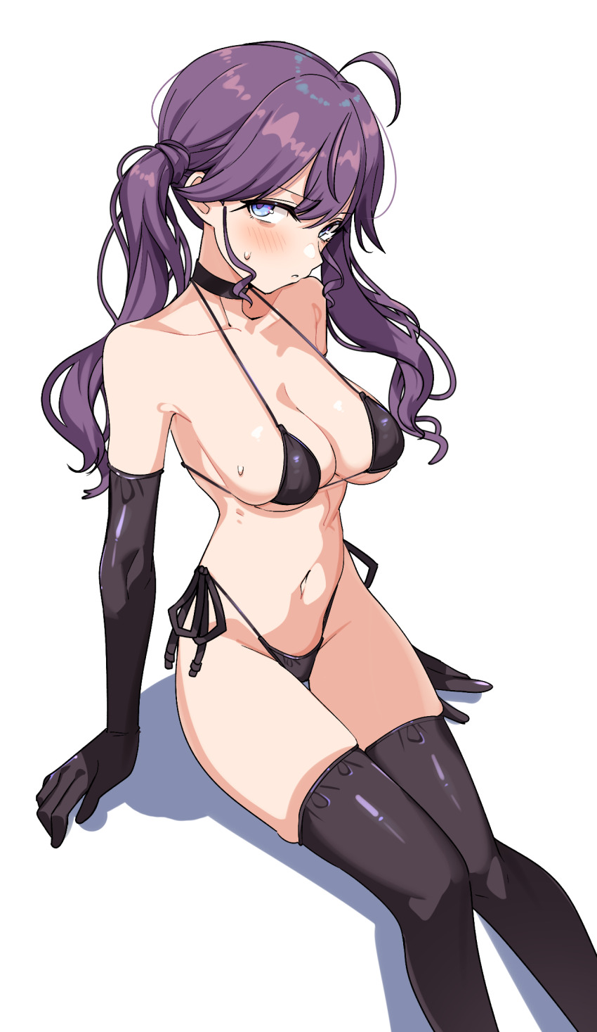 1girl ahoge bare_shoulders bikini black_bikini black_choker black_gloves black_thighhighs blue_eyes blush breasts choker collarbone elbow_gloves gakuen_idolmaster gloves highres idolmaster kaya_rinha large_breasts long_hair looking_at_viewer micro_bikini navel nose parted_lips purple_hair seihekiog side-tie_bikini_bottom simple_background sitting skindentation solo stomach sweat swimsuit thighhighs thighs twintails white_background