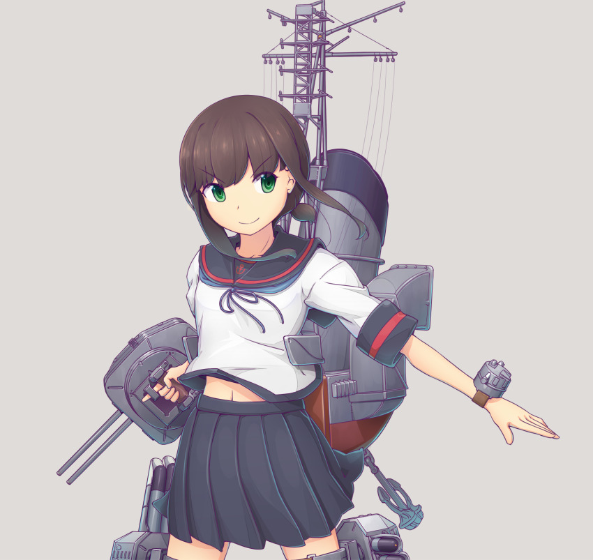 1girl anchor anchor_print black_sailor_collar black_skirt blue_neckerchief brown_hair collarbone commentary_request cowboy_shot fubuki_(kancolle) fubuki_kai_ni_(kancolle) green_eyes grey_background highres holding holding_turret kantai_collection legs_apart low_ponytail mast medium_hair midriff_peek nakaaki_masashi navel neckerchief pleated_skirt ponytail rigging sailor_collar short_sleeves sidelocks simple_background skirt smile smokestack solo standing thigh_strap torpedo torpedo_launcher turret wind wind_lift