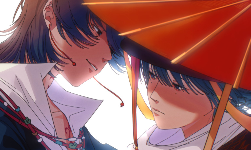 2boys black_eyes black_hair black_jacket cen_boyao chest_tattoo chinese_commentary closed_mouth commentary_request earrings highres huayangshan_jishi jacket jewelry male_focus mole mole_under_each_eye mole_under_eye multiple_boys multiple_moles necklace open_clothes open_shirt red_eyes shirt short_hair simple_background smile tattoo white_background white_shirt yoru_usagi_ether zhao_yuwen