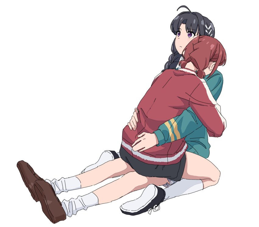 2girls ahoge awa_subaru black_hair black_shoes black_shorts blue_jacket brown_shoes closed_mouth commentary fafayu girls_band_cry hand_on_another&#039;s_waist highres hug iseri_nina jacket long_hair multiple_girls purple_eyes red_hair red_jacket shoes short_twintails shorts simple_background sitting sitting_on_lap sitting_on_person socks twintails white_background white_socks yuri