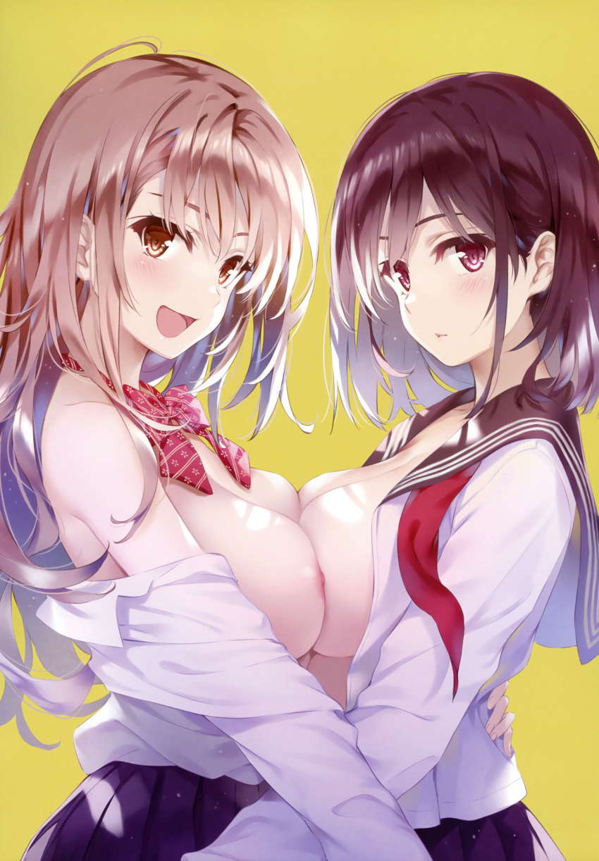 2girls absurdres bare_shoulders blush breast_press breasts brown_eyes brown_hair closed_mouth comic_aun fingernails from_behind from_side highres large_breasts light_brown_hair lips long_hair looking_at_viewer medium_breasts misaki_kurehito multiple_girls nipples off_shoulder open_clothes open_mouth ribbon scan school_uniform shiny_skin shirt short_hair simple_background skirt smile symmetrical_docking upper_body white_shirt yellow_background