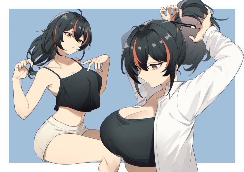 1girl black_camisole black_hair black_sports_bra blue_background border breasts camisole commentary large_breasts multicolored_hair ponytail red_eyes red_hair shirt shorts solo sports_bra streaked_hair tying_hair umeda_shiso untying_hair white_border white_shirt white_shorts zenless_zone_zero zhu_yuan