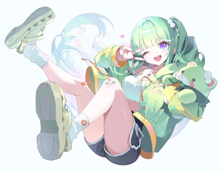 1girl bandaid bandaid_on_knee bandaid_on_leg black_shorts blunt_bangs breasts chico_(yuzuha_riko) cleavage commentary_request crocs crop_top dolphin_shorts full_body green_hair green_jacket high-waist_shorts highres jacket jewelry korean_commentary long_hair long_sleeves looking_at_viewer medium_breasts midriff mixed-language_commentary necklace official_art one_eye_closed one_side_up open_clothes open_jacket open_mouth purple_eyes shirt short_shorts shorts simple_background sleeveless sleeveless_shirt smile socks solo spaghetti_strap stellive thighs v very_long_hair white_background white_shirt white_socks yuzuha_riko zetto023