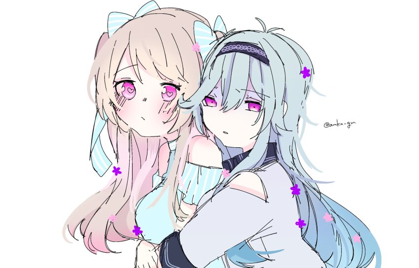 2girls alternate_costume alternate_height amkn_gm aqua_hair bad_id bad_twitter_id bare_shoulders blonde_hair blush breasts casual chaos_aurora_(grimms_notes) chaos_marie_(grimms_notes) closed_mouth grimms_notes hair_ribbon hairband heart heart-shaped_pupils highres hug long_hair multiple_girls open_mouth pink_eyes purple_hairband ribbon shaded_face simple_background symbol-shaped_pupils twitter_username upper_body white_background yuri