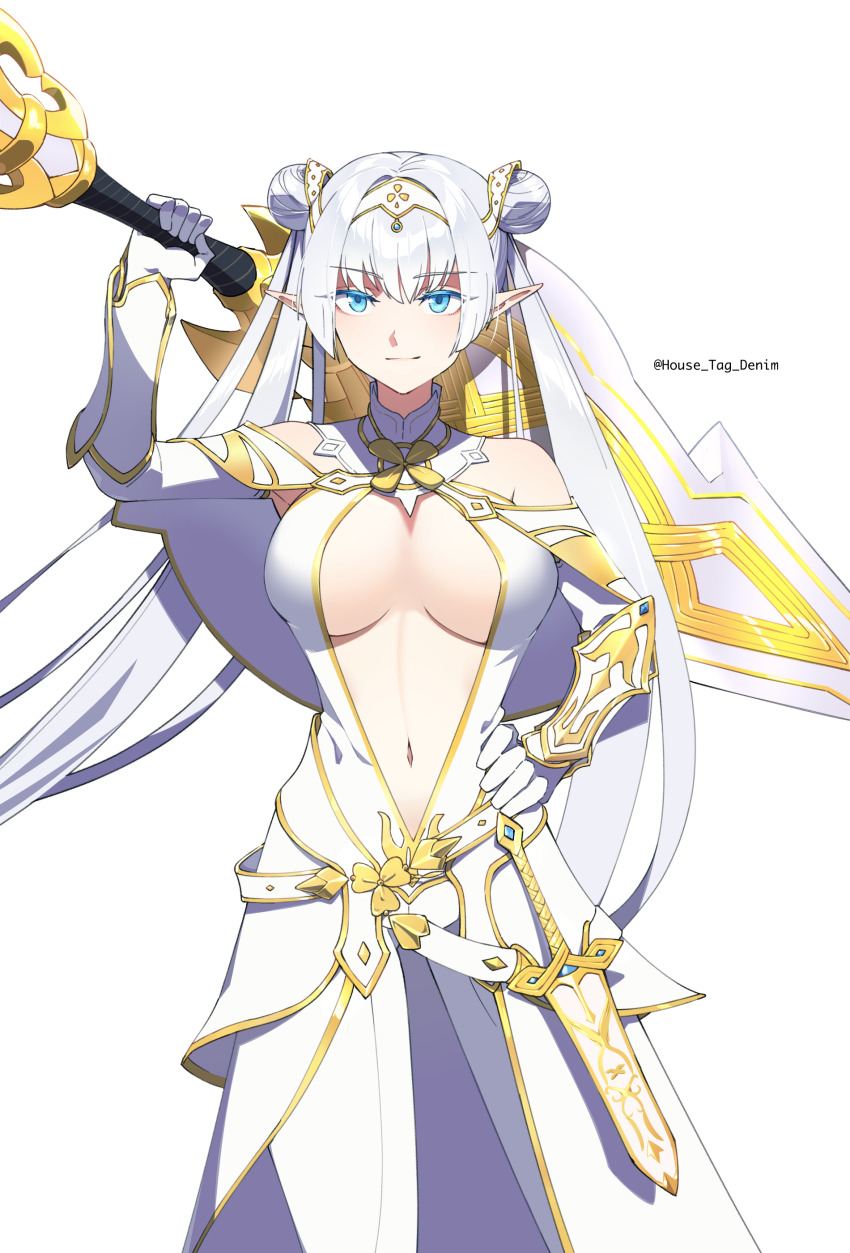 1girl absurdres arm_guards bare_shoulders blue_eyes breasts britomart_(fate) britomart_(second_ascension)_(fate) capelet center_opening cleavage collarbone dagger double_bun dress elbow_gloves fate/grand_order fate_(series) gloves gold_trim hair_bun hairband hand_on_own_hip highres house_tag_denim knife large_breasts long_hair looking_at_viewer navel pants pointy_ears smile solo straight-on sword taut_clothes taut_dress thighs tight_clothes tight_pants twintails very_long_hair weapon white_capelet white_dress white_gloves white_hair white_pants