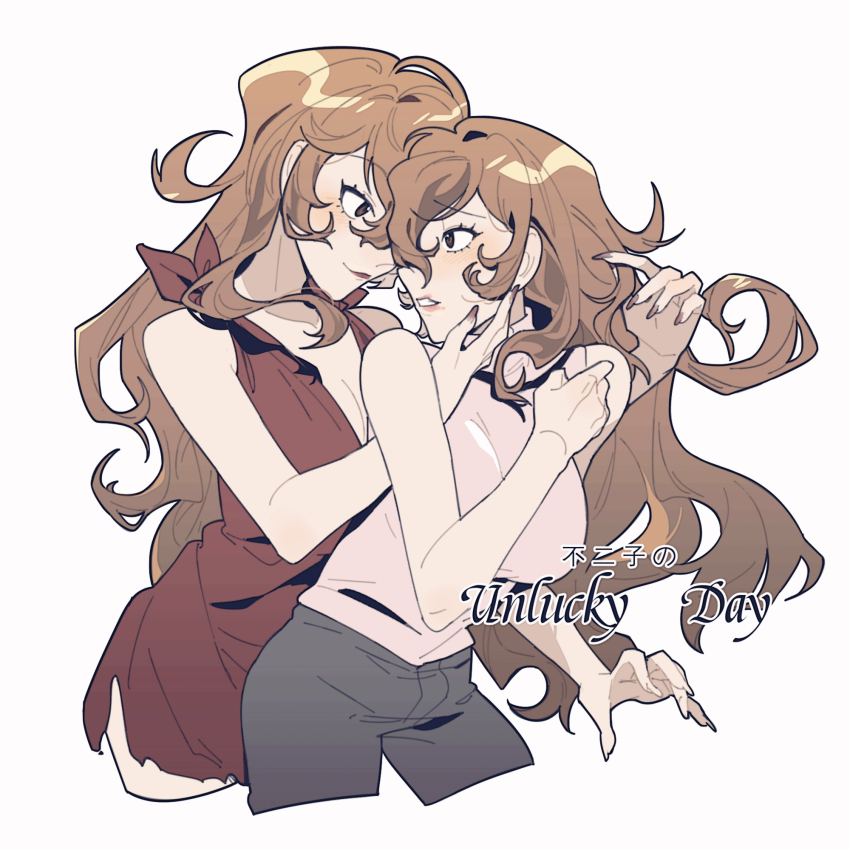 2girls black_pants blush breasts cleavage dress dual_persona highres long_hair lupin_iii mine_fujiko multiple_girls pants pink_shirt red_dress shirt smile tian_niunai_hezi wavy_hair white_background yuri
