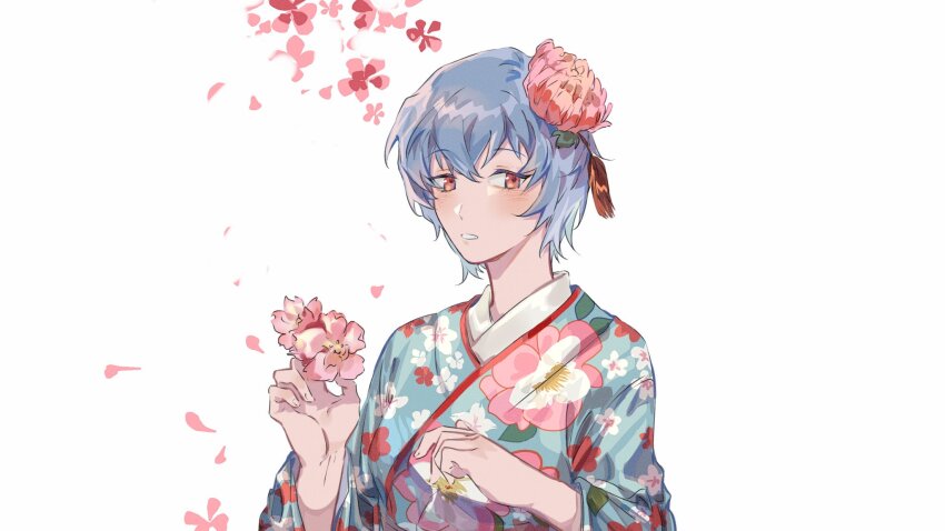 1girl alternate_costume ayanami_rei blue_hair blue_kimono blush cherry_blossoms floral_print floral_print_kimono flower hair_between_eyes hair_flower hair_ornament highres holding holding_flower japanese_clothes kimono looking_at_viewer neon_genesis_evangelion open_mouth print_kimono red_eyes short_hair simple_background solo upper_body white_background xing_20