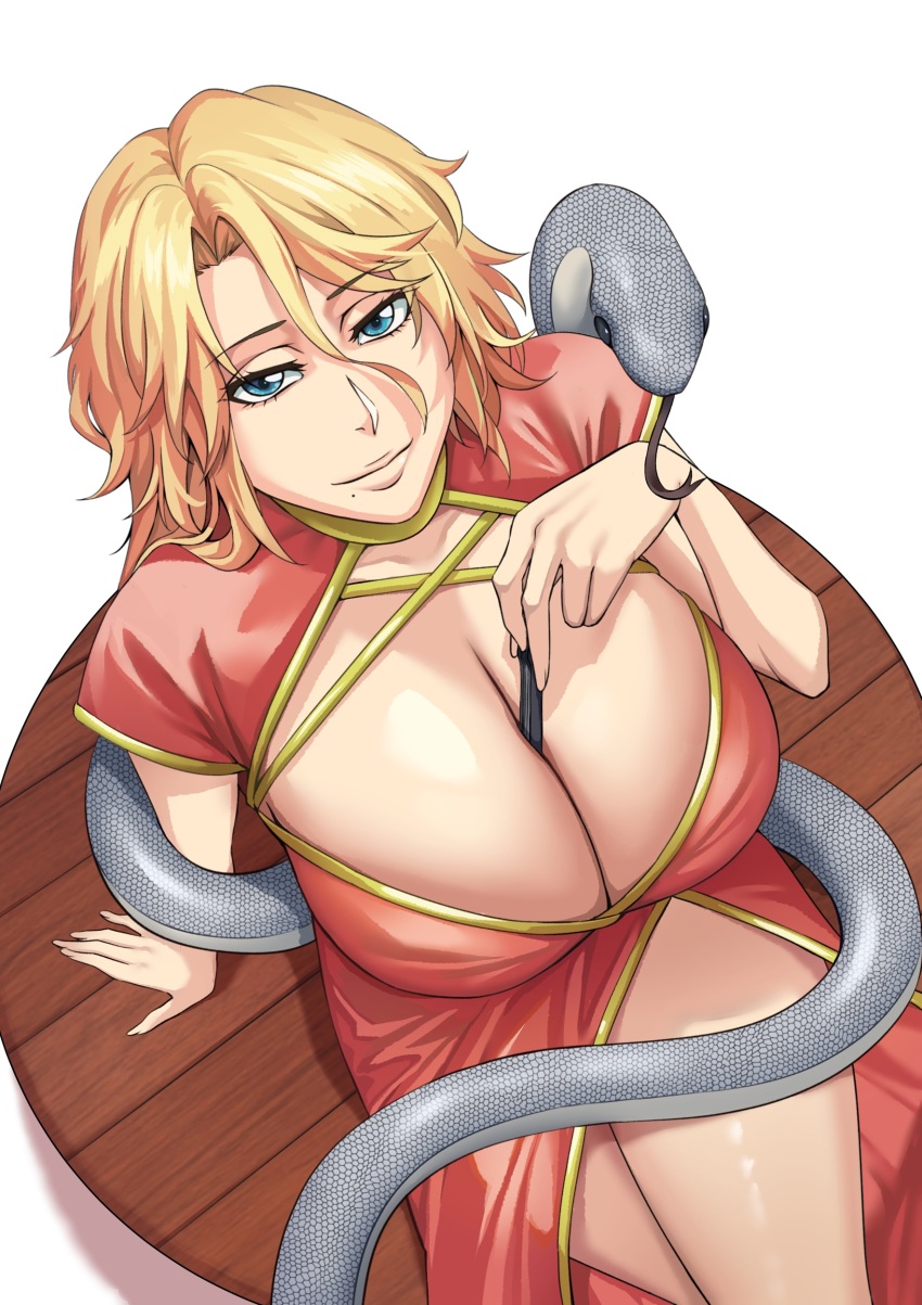 1girl absurdres between_breasts bleach blonde_hair blue_eyes breasts china_dress chinese_clothes chinese_zodiac cleavage commentary_request dress hair_between_eyes highres huge_breasts lips long_hair long_hair_between_eyes matsumoto_rangiku mole mole_under_mouth sakuya_(liao_kj) sitting smile snake snake_wrapped_around_body year_of_the_snake