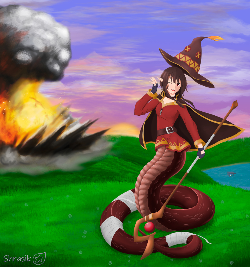 1girl ;d absurdres artist_name bandaged_tail bandages belt black_belt black_gloves breasts brown_cape brown_hair brown_hat button_eyes buttons cage cape cloud cloudy_sky collar collarbone commentary dress english_commentary explosion eyebrows_hidden_by_hair fangs female_focus fingerless_gloves full_body gloves gradient_sky grass hand_up hat highres holding holding_staff huge_filesize in_cage kono_subarashii_sekai_ni_shukufuku_wo! lake lamia long_sleeves looking_at_viewer megumin monster_girl monsterification one_eye_closed open_mouth pointy_ears purple_sky red_dress red_eyes scales short_hair short_hair_with_long_locks shrasik sidelocks sky slit_pupils small_breasts smile smoke snake_tail solo staff standing sunset tail unworn_hat unworn_headwear witch_hat