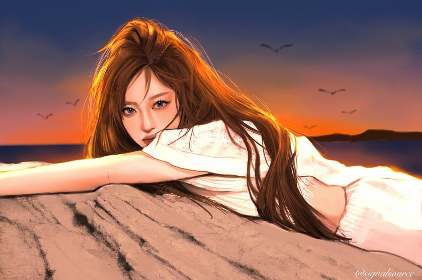 1girl aegyo_sal aespa bird black_eyeliner blue_eyes brown_hair eyeliner eyeshadow highres k-pop long_hair looking_at_viewer lying makeup mascara ningning_(aespa) on_stomach outdoors real_life red_lips short_sleeves solo sunset weibo_7820075969 weibo_username