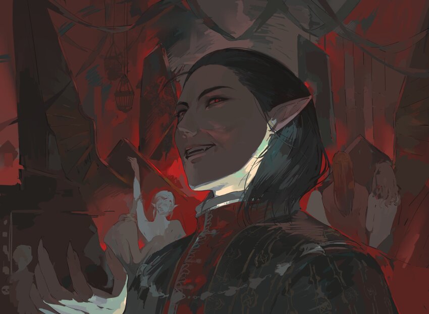 3boys 3girls asian baldur&#039;s_gate baldur&#039;s_gate_3 black_hair cazador_szarr dungeons_&amp;_dragons dungeons_&amp;_dragons fangs hair_slicked_back highres long_hair medium_hair multiple_boys multiple_girls pointy_ears red_eyes vampire vihua6