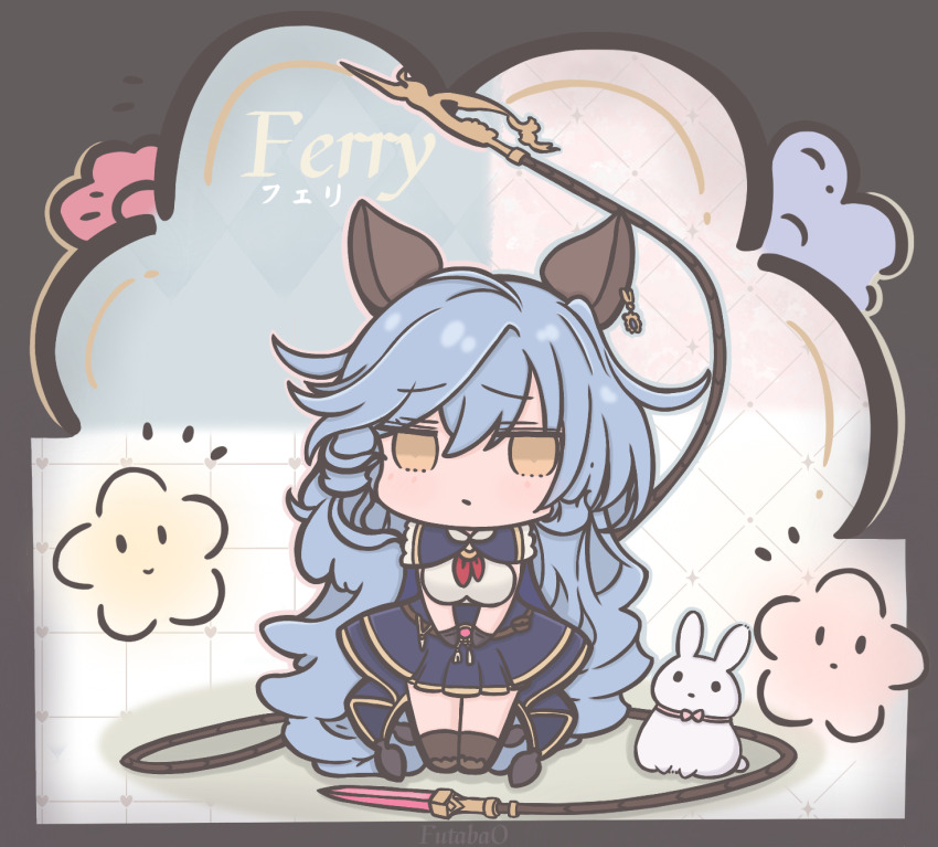 1girl animal_ears artist_name black_gloves blue_hair breasts character_name chibi chibi_only commentary earrings erune ferry_(granblue_fantasy) framed_breasts frilled_gloves frills futaba_(anti_clockwise) gloves granblue_fantasy highres jewelry long_hair looking_at_viewer medium_breasts single_earring solo symbol-only_commentary very_long_hair wavy_hair yellow_eyes