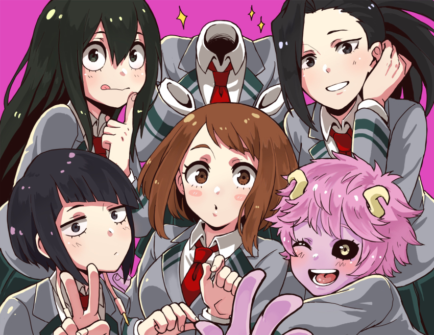 10s 6+girls ashido_mina asui_tsuyu black_hair black_sclera blue_hair blush_stickers boku_no_hero_academia brown_hair colored_sclera colored_skin hagakure_toru horns index_finger_raised invisible jiro_kyoka looking_at_viewer monotsuki multiple_girls one_eye_closed pink_background pink_hair pink_skin red_neckwear school_uniform serafuku simple_background smile sparkle uraraka_ochako v yaoyorozu_momo