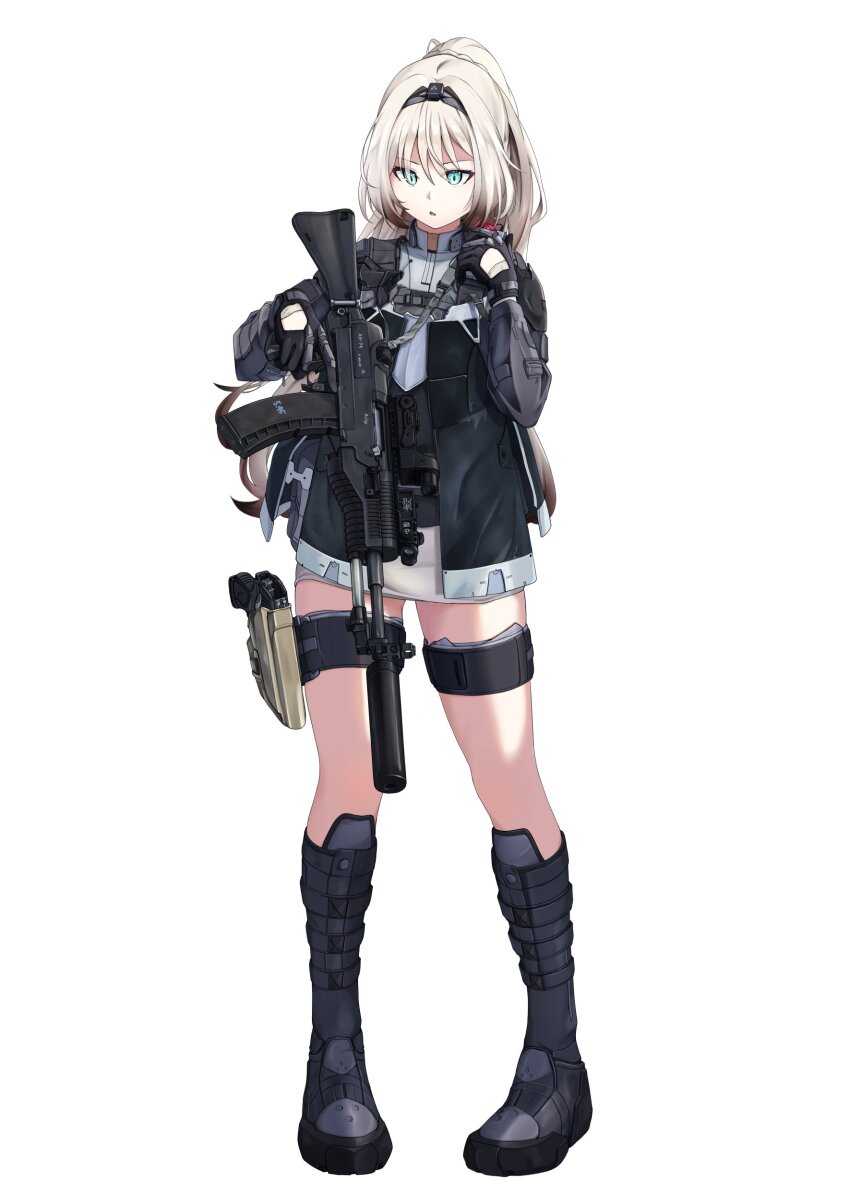 1girl absurdres an-94 an-94_(girls&#039;_frontline) an-94_(mod3)_(girls&#039;_frontline) aqua_eyes assault_rifle black_boots black_gloves black_hairband blonde_hair boots clov3r commentary english_commentary full_body girls&#039;_frontline gloves gun hairband handgun highres holding holding_gun holding_weapon holster holstered knee_boots mp-443_grach ponytail rifle simple_background solo standing suppressor thigh_holster triangle_mouth weapon white_background