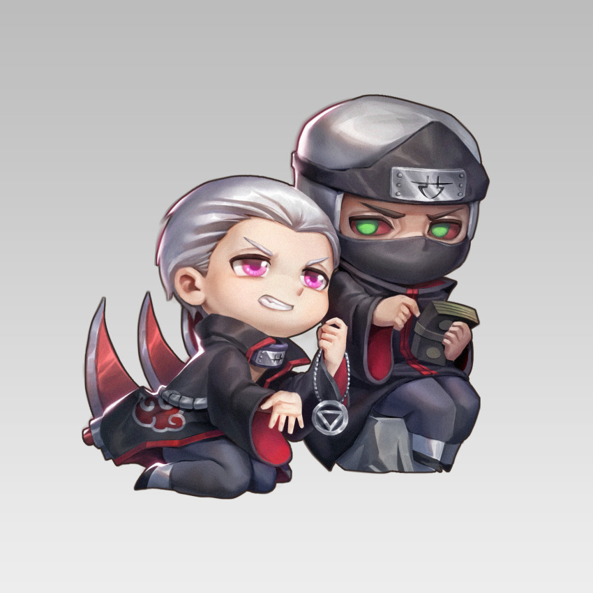 2boys black_coat black_footwear black_mask chibi chinese_commentary clenched_teeth coat collared_coat commentary_request dark_skin gradient_background green_pupils grey_background grey_headwear grey_pants helmet hidan_(naruto) highres holding holding_jewelry holding_money holding_necklace jewelry kakuzu_(naruto) kneeling long_sleeves looking_at_another mask money mouth_mask multiple_boys naruto_(series) necklace pants pink_eyes red_eyes rock sdz_(inazuma) short_hair sitting smile teeth thick_eyebrows triangular_headpiece v-shaped_eyebrows white_hair wide_sleeves yaoi
